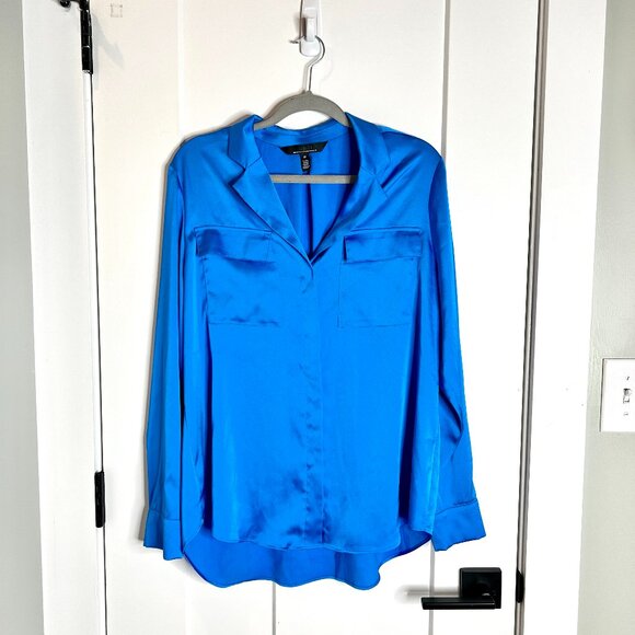 WHBM Long Sleeve Collar Pocket Shirt Button-Up in Cobalt Blue Satin Career Sz M - Picture 1 of 4